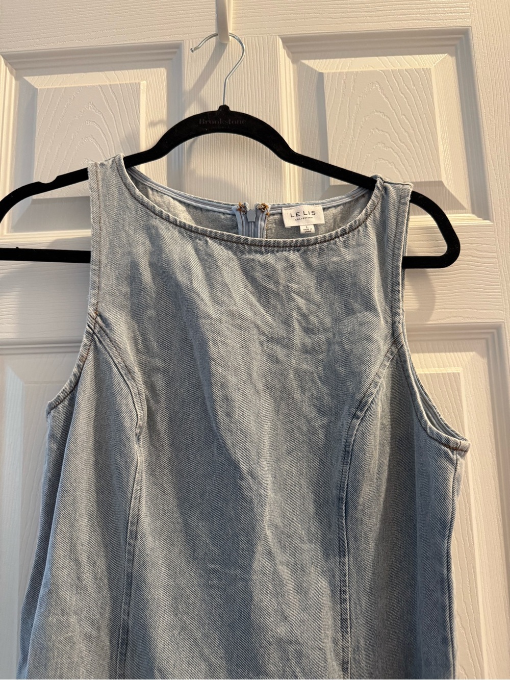 Le Lis Light Wash Denim Sleeveless Drop-Waist Mini Dress - Picture 9 of 11